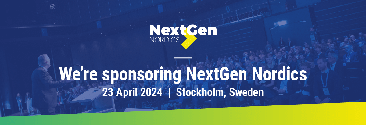A promotional banner announcing sponsorship of the nextgen nordics event on 23 april 2024 in stockholm, sweden, featuring an image of a speaker addressing an audience.